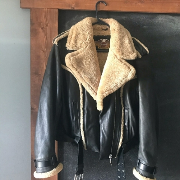 Harley-Davidson Jackets & Blazers - Vintage 80s Harley Davidson Sherpa Leather Jacket With Shearling Collar & Cuffs